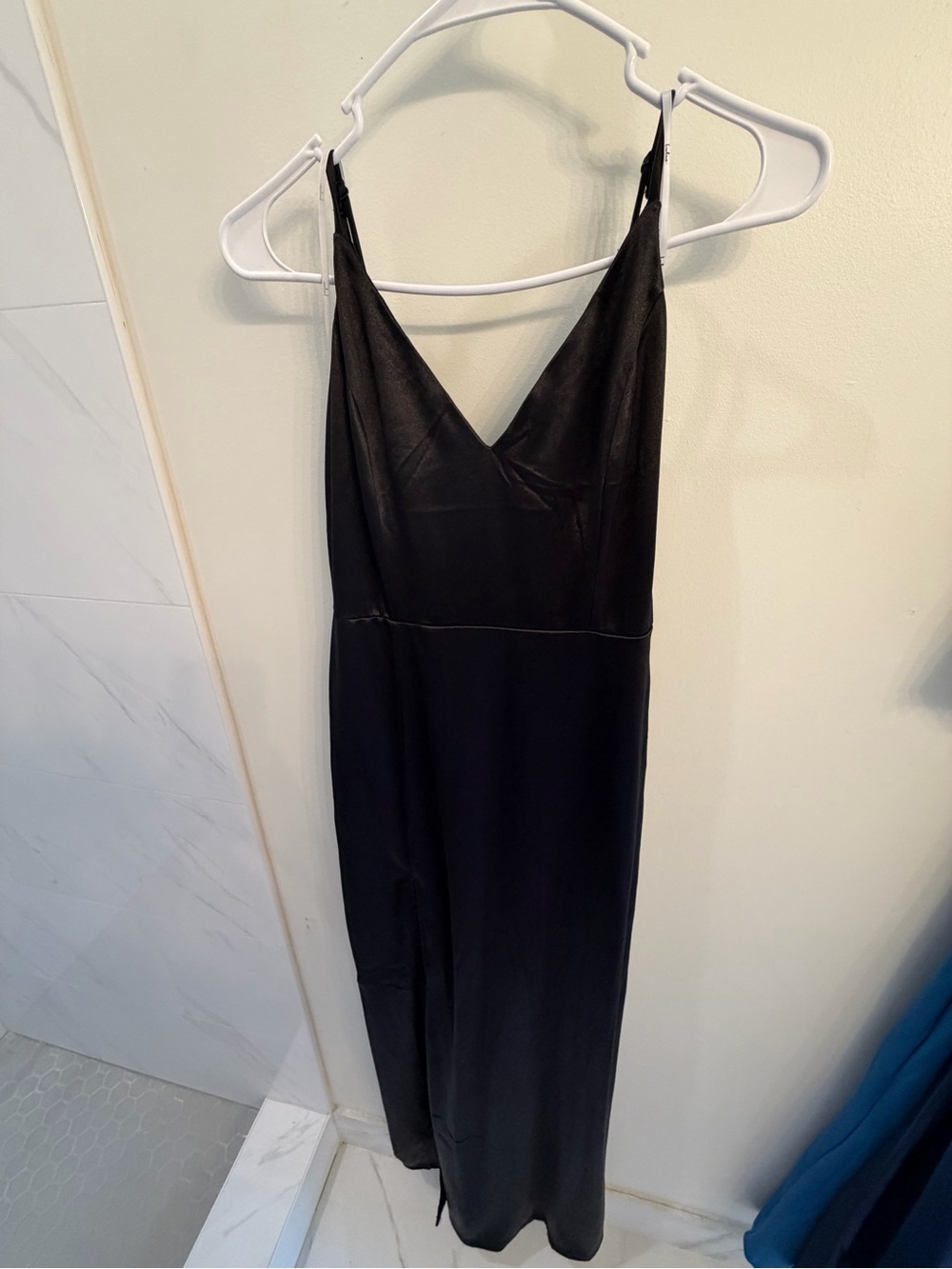 Lulu's Black Satin Slip Dress with Thin Straps